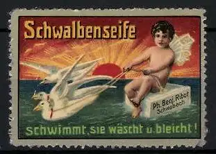 Reklamemarke Schwalbenseife schwimmt, sie wäscht und bleicht!, Engel und Schwalben auf dem Wasser