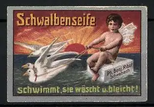 Reklamemarke Schwalbenseife schwimmt, sie wäscht und bleicht!, Engel und Schwalben auf dem Wasser