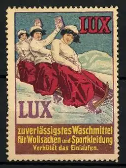 Reklamemarke Lux - zuverlässigstes Waschmittel für Wollsachen und Sportbekleidung, drei Damen beim Rodeln