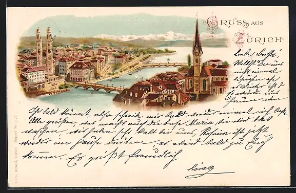 Lithographie Zürich, Ortsansicht mit Brücken aus der Vogelschau