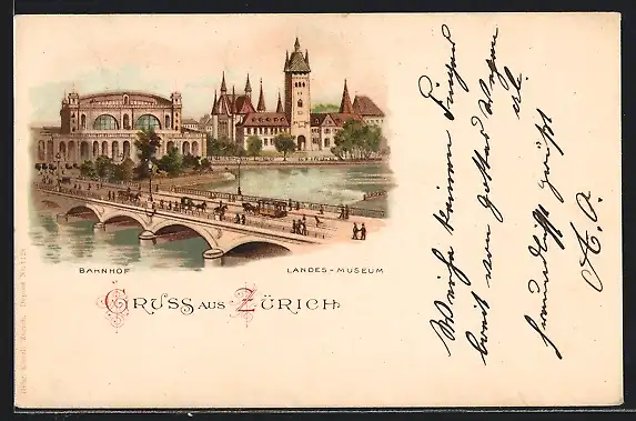 Lithographie Zürich, Bahnhof und Landesmuseum