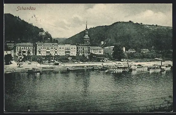 AK Schandau, Forsthaus-Hotel mit Dampfern aus der Vogelschau