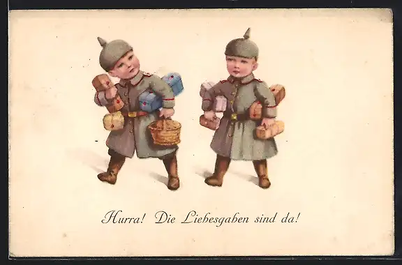 AK Hurra! Die Liebesgaben sind da!, Kleine Soldaten erhalten Post von ihren Liebsten