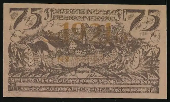 Notgeld Oberammergau 1921, 75 Pfennig, Ortsansicht mit Kirche, Männer knien an einem Kreuz