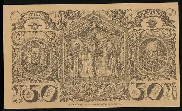 Notgeld Oberammergau 1921, 50 Pfennig, Ortsansicht, Jesus am Kreuz