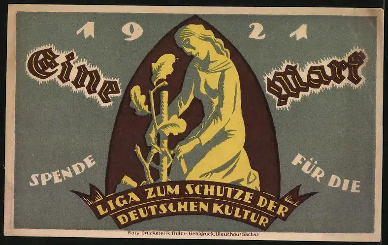 Notgeld Glauchau / Sa., 1921, 1 Mark, Männer im Streit, Frau pflanzt einen Baum, Spende