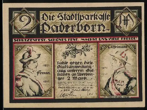 Notgeld Paderborn 1921, 2 Mark, Schützenfest, Auffahrt der Königin, Bildnis Ferrari und Löffelmann