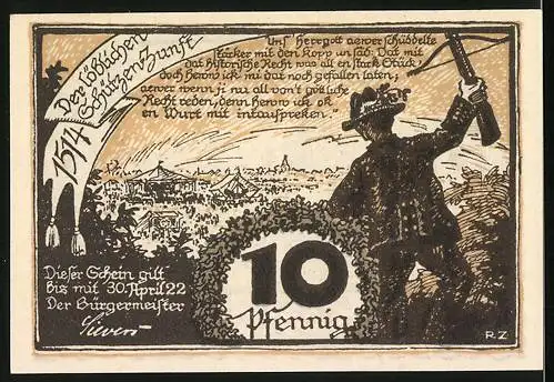 Notgeld Wittenburg 1922, 10 Pfennig, Kirche, Schütze auf dem Weg zum Schützenfest