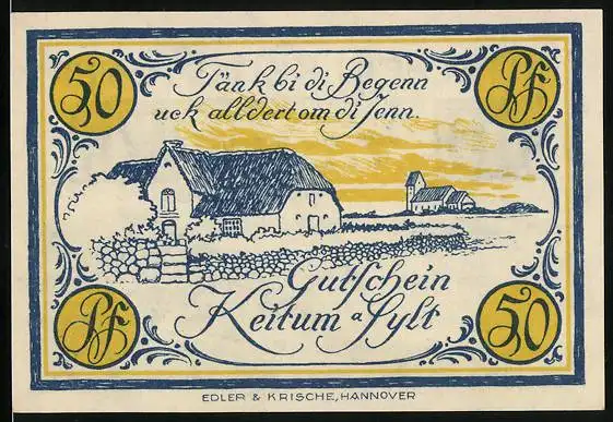 Notgeld Keitum / Sylt 1921, 50 Pfennig, Reetdachhaus und Kirche, Strandpartie