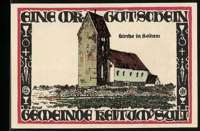 Notgeld Keitum / Sylt 1921, 1 Mark, Kirche und Kliff in Keitum