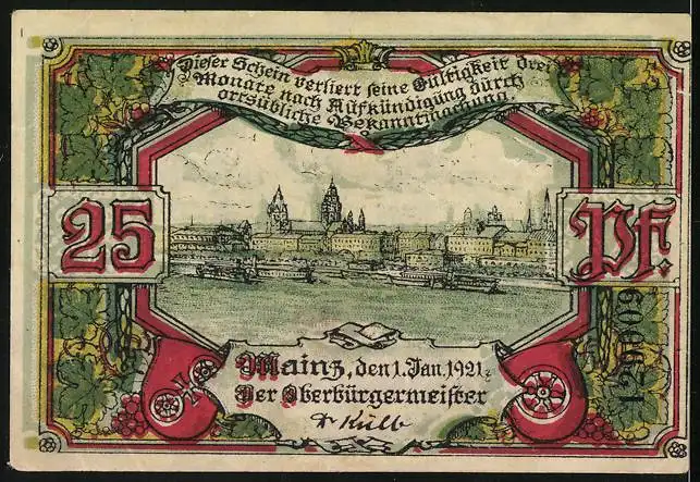 Notgeld Mainz 1921, 25 Pfennig, Mainzer Dom mit Wappen und Stadtansicht