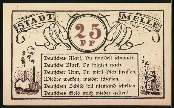 Notgeld Melle 1921, 25 Pfennig, Dicker und dünner Mann, Fabrik und Mann der einen Baum pflanzt
