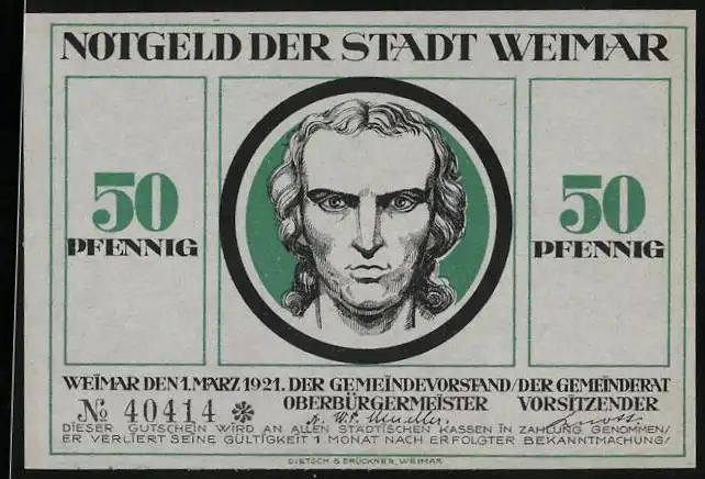 Notgeld Weimar 1921, 50 Pfennig, Szene mit Weintrauben und Männerkopf