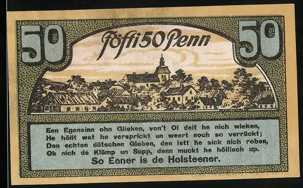 Notgeld Ahrensbök 1920, 50 Pfennig, Ortsansicht mit Kirche, Vogel auf einem Baum