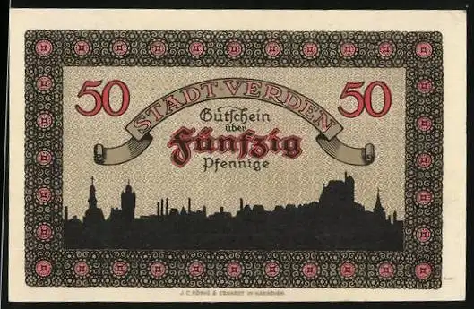 Notgeld Verden /Aller, 50 Pfennig, Stadtansicht und Wappen