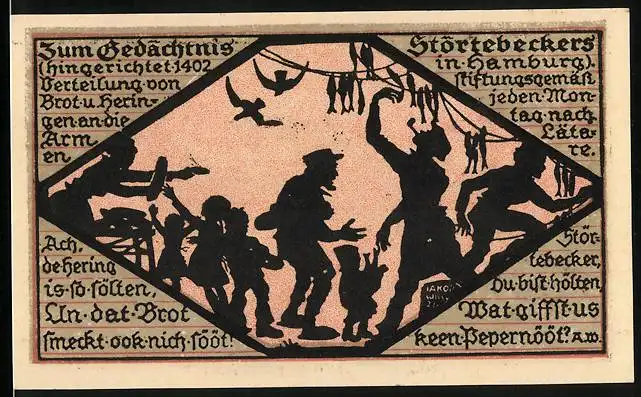 Notgeld Verden /Aller 1923, 25 Pfennig, Verteilung von Brot und Heringe, Ortsansicht mit Wappen