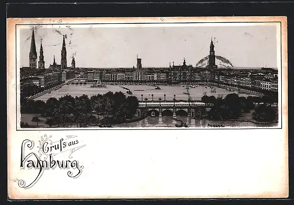 Lithographie Hamburg, Teilansicht aus der Vogelschau