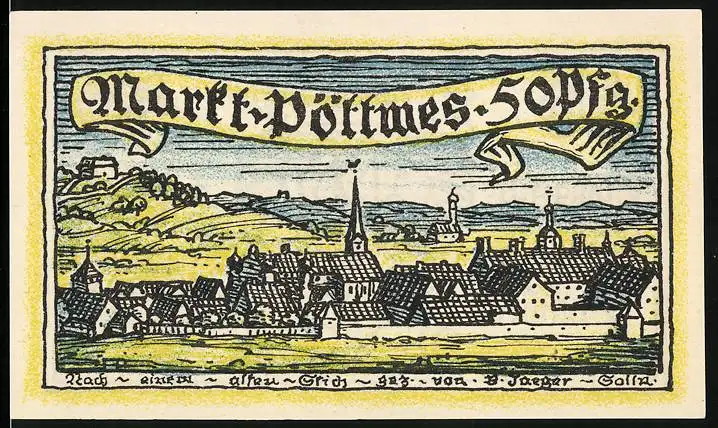 Notgeld Pöttmes, 50 Pfennig, Panorama der Stadt