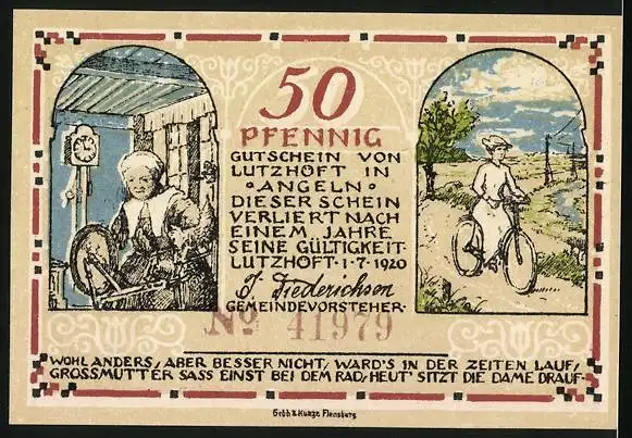 Notgeld Lutzhöft 1920, 50 Pfennig, Vieh auf der Weide überwindet die Grenze, Frauen mit Spinnrad u. Fahrrad, Gutschein