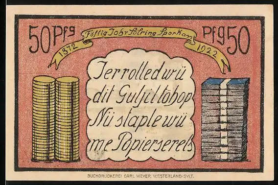 Notgeld Keitum / Sylt 1922, 50 Pfennig, Kirche, Geldschein- und Münzstapel, Wappen