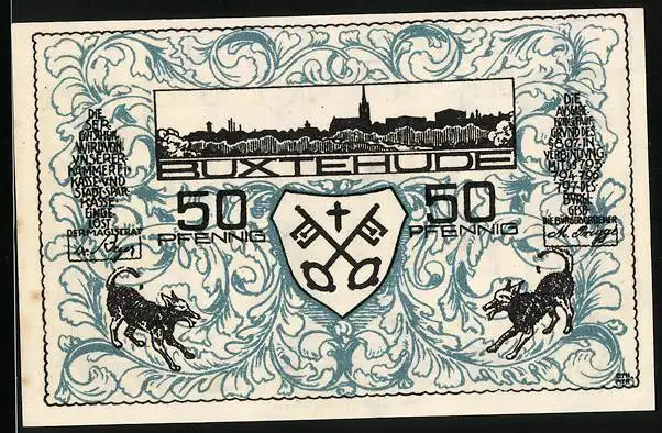 Notgeld Buxtehude 1920, 50 Pfennig, Stadtpanorama, Hase und Igel, Gutschein