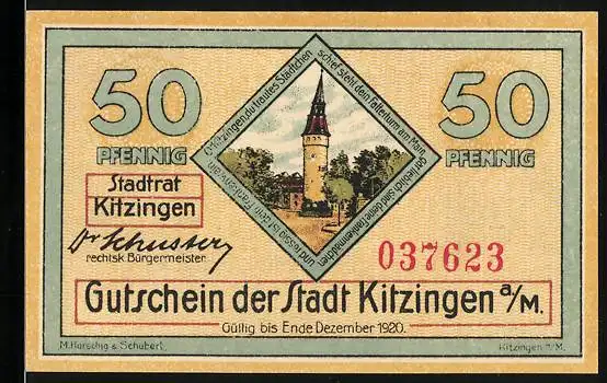 Notgeld Kitzingen a. M. 1920, 50 Pfennig, Kiliansbrunnen und Wappen, Gutschein