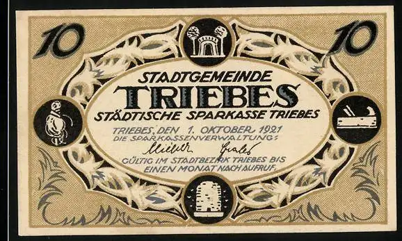 Notgeld Triebes 1921, 10 Pfennig, Gebäudeansicht