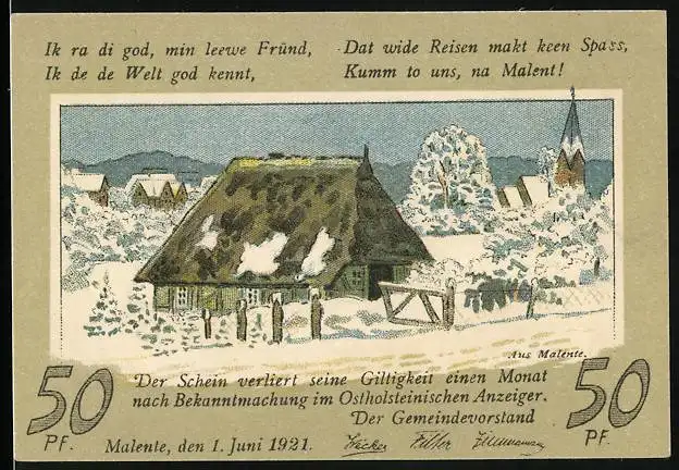 Notgeld Malente 1921, 50 Pfennig, Ortspartie im Schnee