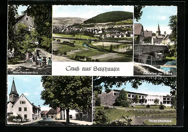 AK Berghausen / Baden, Naturfreundehaus, Neues Schulhaus, Gesamtansicht