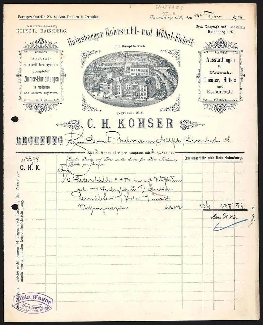 Rechnung Hainsberg i. S. 1913, C. H. Kohser, Rohrstuhl- & Möbel-Fabrik, Betriebsgelände an einem Kanal