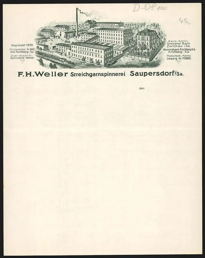 Rechnung Saupersdorf i. Sa., F. H. Weller, Streichgarnspinnerei, Ansicht des Betriebsgeländes aus der Vogelschau