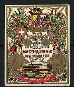 Reklamemarke Torino, Vino Vermouth, Martini, Solaec, Stabilimento in Pessione, Münzen und Wappen