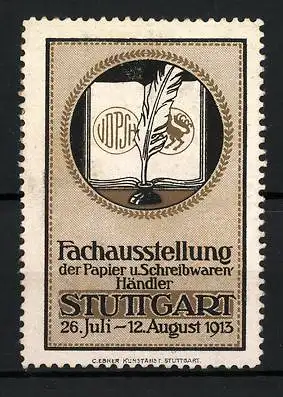 Reklamemarke Stuttgart, Fachausstellung der Papier- und Schreibwarenhändler 1913, Buch und Schreibfeder