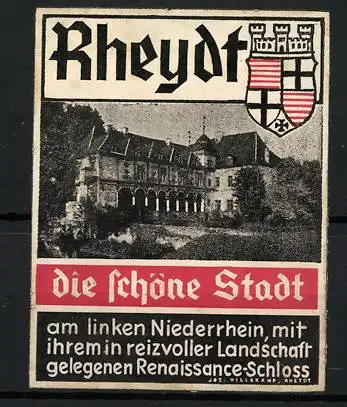 Präge-Reklamemarke Rheydt, die schöne Stadt am Niederrhein, Schloss und Wappen