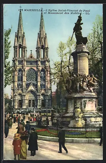 AK Marseille, L`Eglise Saint-Vincent de Paul et Monument des Mobiles