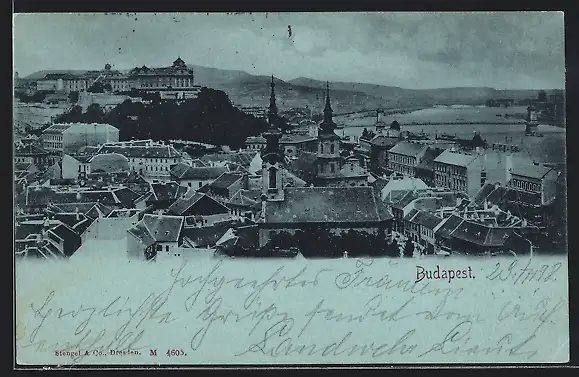 Mondschein-AK Budapest, Panorama mit Kirche