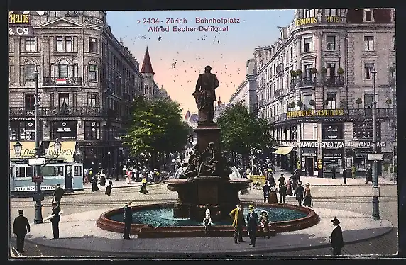 AK Zürich, Bahnofsplatz mit Alfred Escher-Denkmal, Strassenbahn