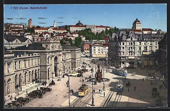 AK Zürich, Bahnhofplatz mit Bahnhof und Strassenbahn