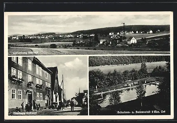 AK Wetterburg, Gasthaus Kuhaupt und Schwimmbad, Totalansicht