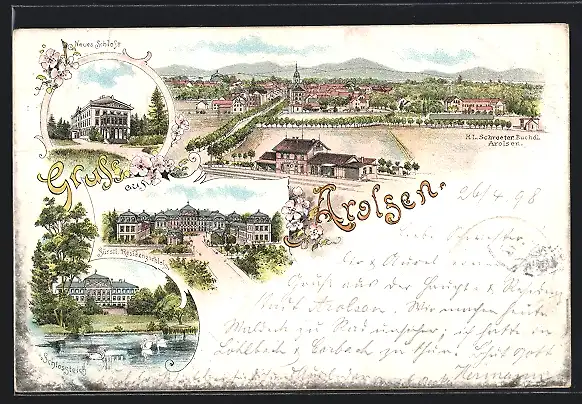 Lithographie Arolsen, Fürstliches Residenzschloss, Schlossteich, Bahnhof