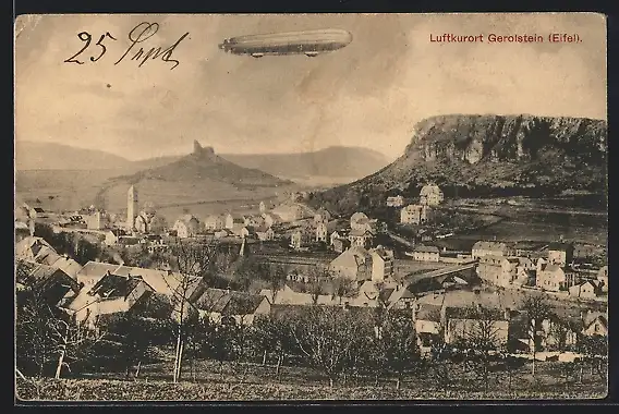 AK Gerolstein /Eifel, Teilansicht mit Zeppelin