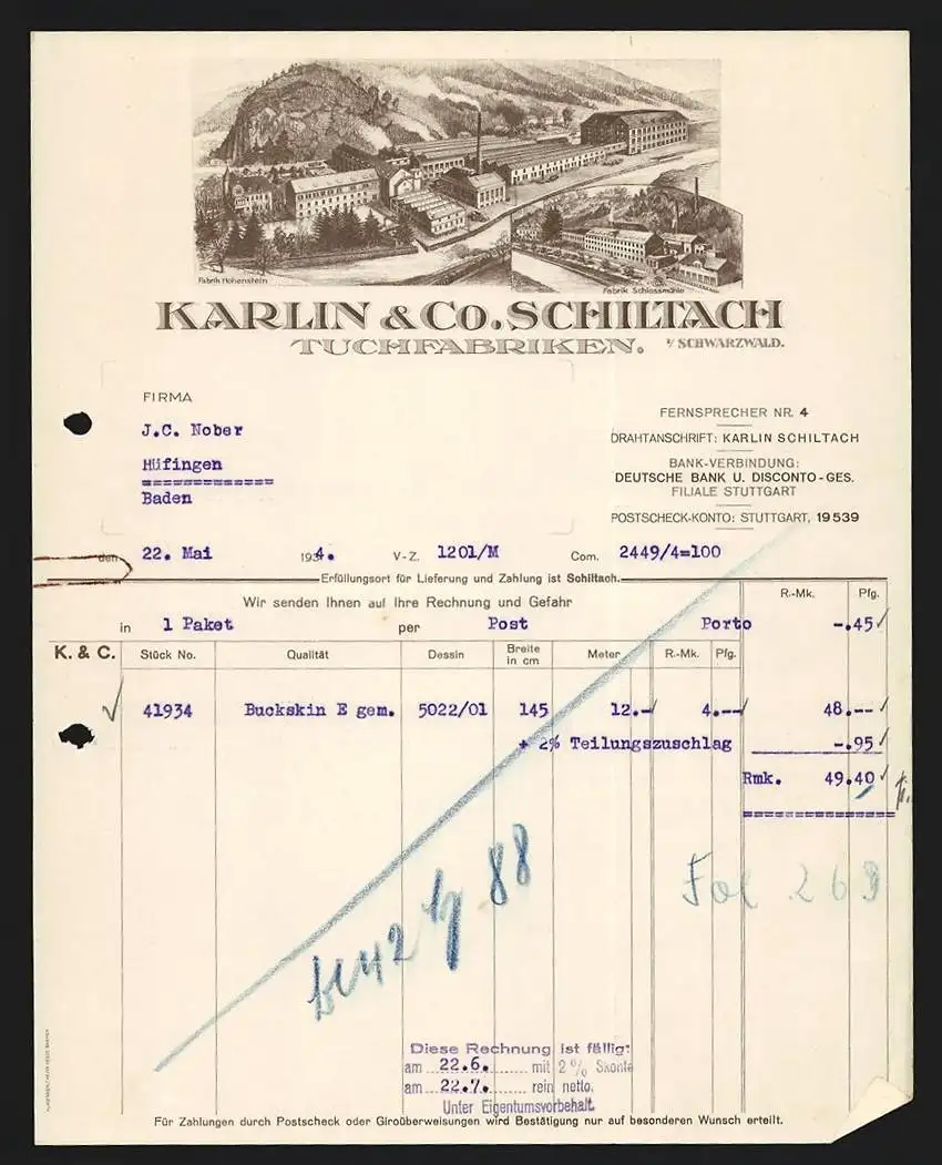 Rechnung Schiltach i. Schwarzwald 1934, Karlin & Co., Tuchfabriken, Ansicht der Werke Hohenstein und Schlossmühle