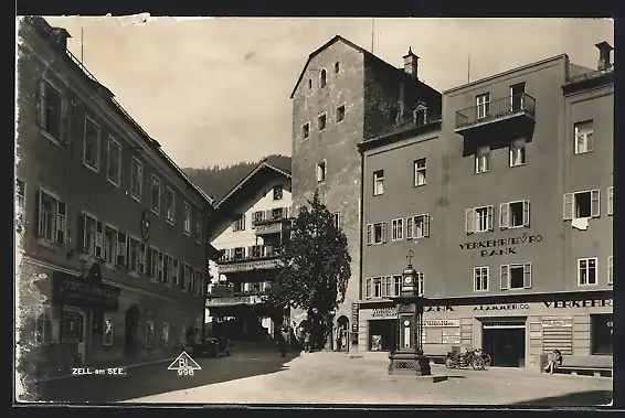 AK Zell am See, Marktplatz mit Wettersäule und Verkehrsbüro