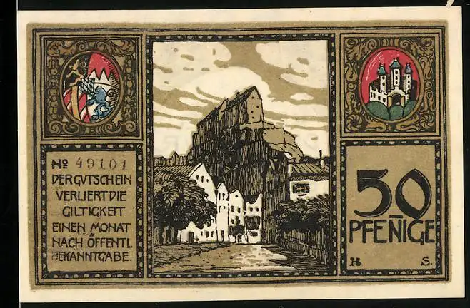 Notgeld Burghausen 1918, 50 Pfennig, Blick zur Burg, Wappen