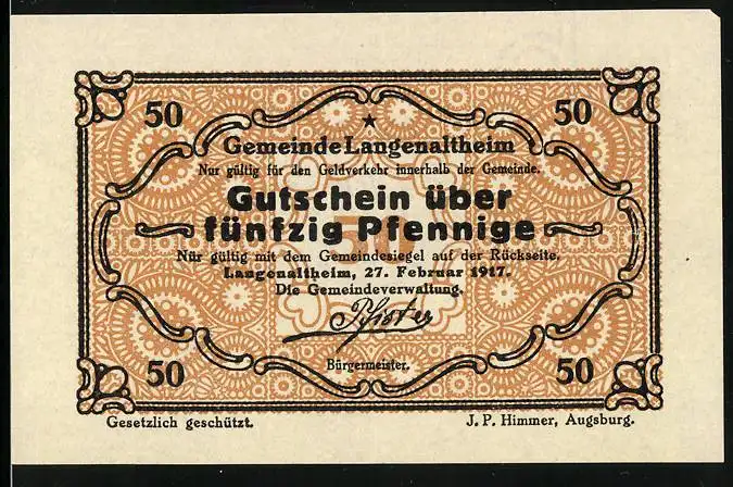 Notgeld Langenaltheim 1917, 50 Pfennig, Gutschein