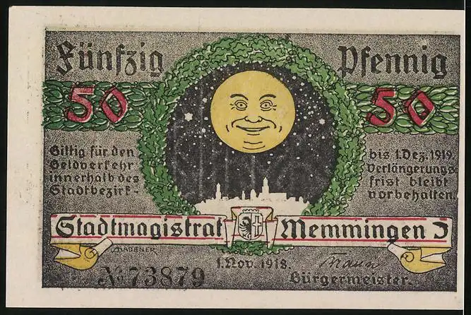 Notgeld Memmingen 1918, 50 Pfennig, Rathaus, Wappen