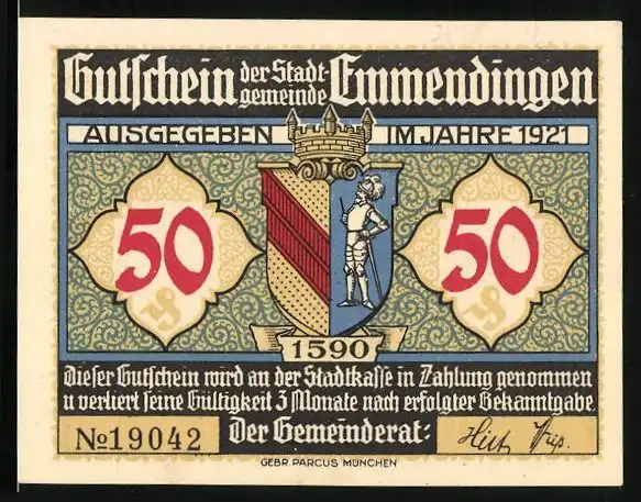 Notgeld Emmendingen 1921, 50 Pfennig, Gasthaus zum Löwen, Stadtwappen