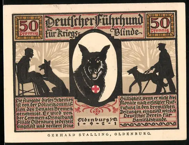 Notgeld Oldenburg 1921, 50 Pfennig, Führhund für Kriegsblinde, ein aufmerksamer und hilfreicher Diener