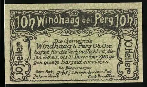 Notgeld Windhaag bei Perg 1920, 10 Heller, Blick aufs lokale Kloster