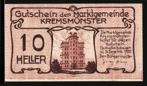 Notgeld Kremsmünster 1920, 10 Heller, Schwein mit Gehstock